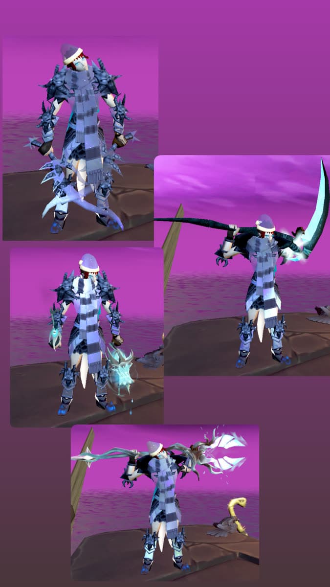 Collage of an ice-blue winter outfit with scarf, scythe and staff poses