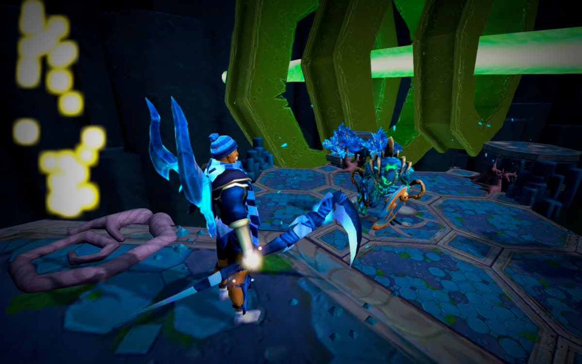 Blue winter outfit with bobble hat and crystal scythe inside a boss arena