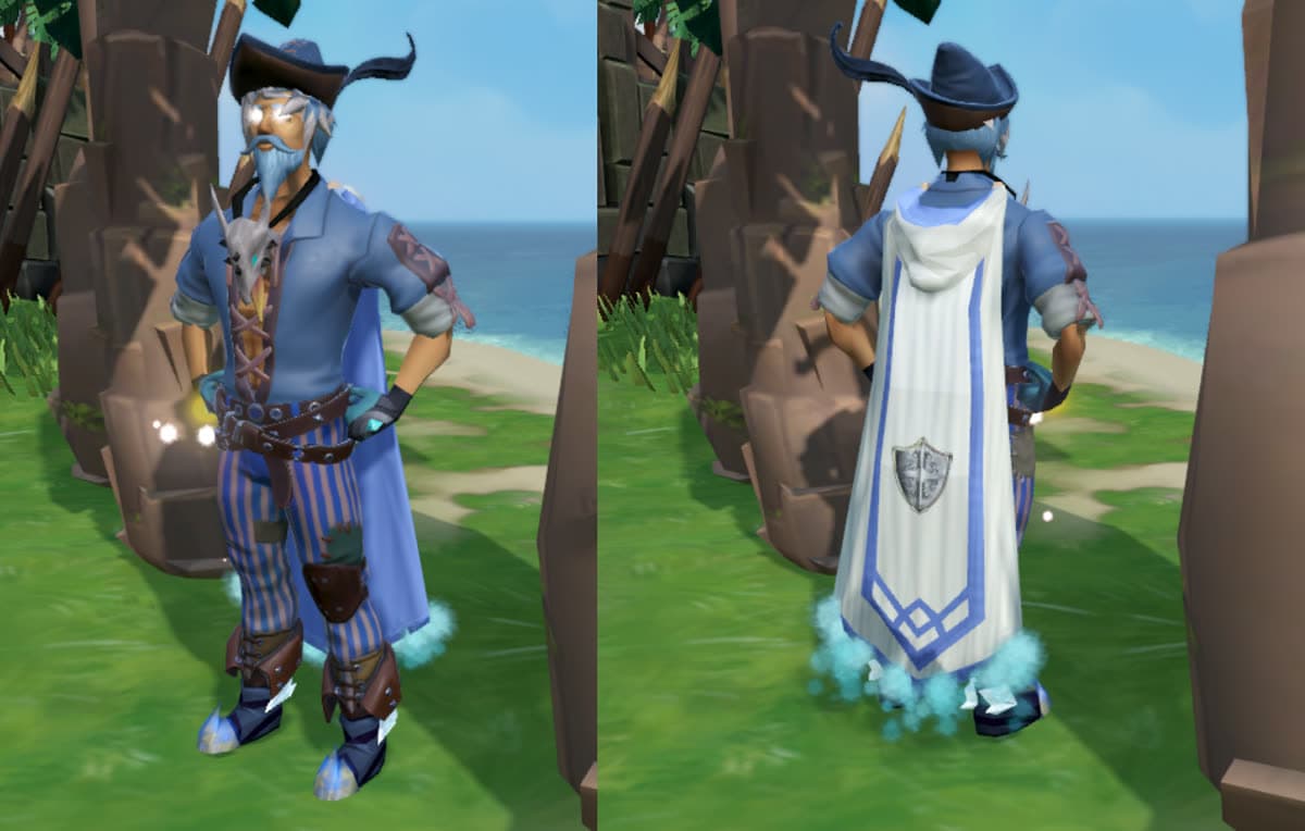 Pirate outfit with feathered hat, striped trousers — front and back view