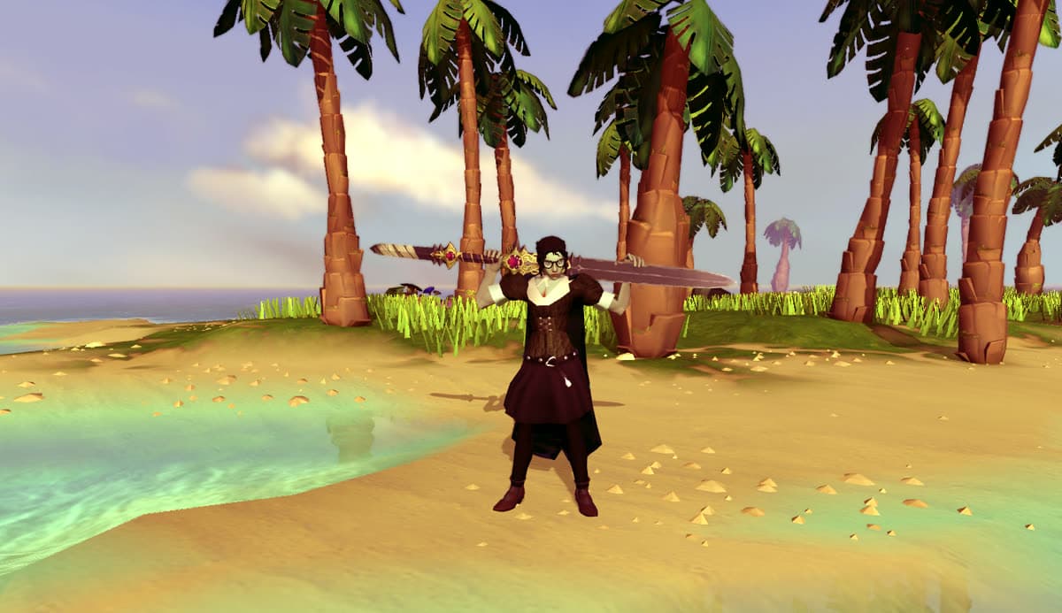 Dark Victorian outfit posing with two ornate swords on a tropical beach