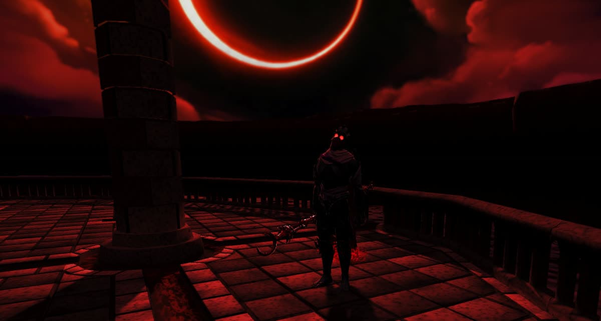 Cloaked figure with glowing red eyes beneath a blood-red eclipse
