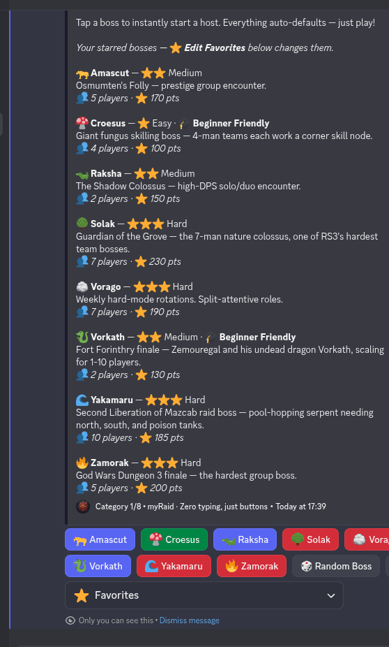 The myRaid boss picker in Discord — 36 RS3 group bosses with difficulty, team size and points, plus per-player favorites