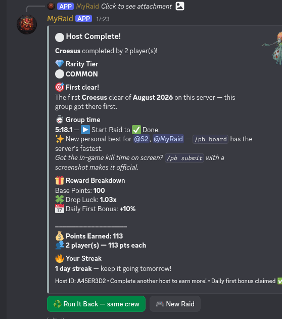 A myRaid reward reveal in Discord — first clear, group time, new personal bests and the points breakdown for the whole team
